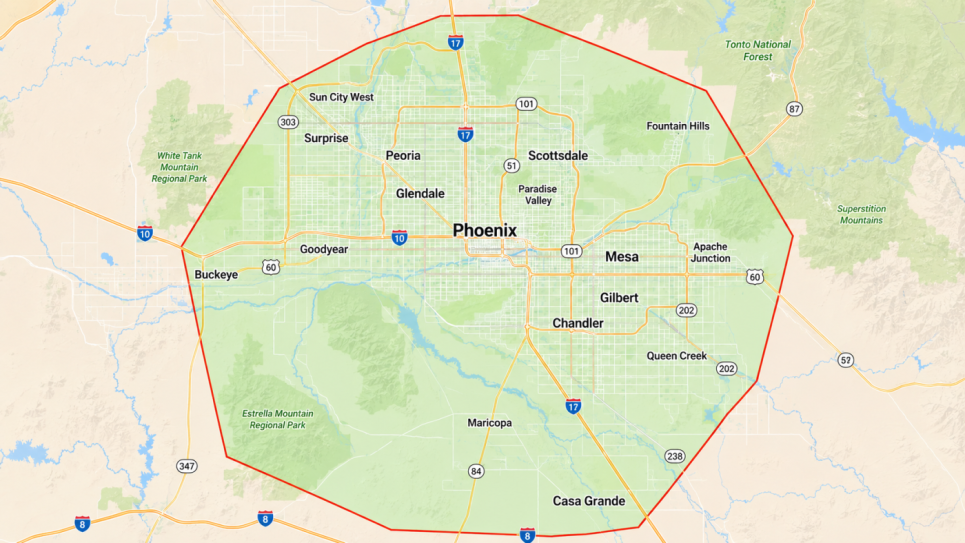 Map of the Phoenix metropolitan service area outlined in red, covering Phoenix, Scottsdale, Mesa, Tempe, Chandler, Gilbert, Glendale, Peoria, Surprise, Goodyear, Buckeye, Paradise Valley, Fountain Hills, Apache Junction, Queen Creek, and Casa Grande, served by AZsliders.com