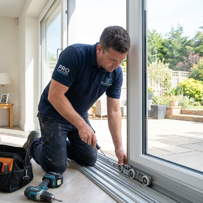 AZsliders.com technician in a navy polo kneeling beside a residential sliding glass door, replacing the roller assembly and inspecting the bottom track with a screwdriver, drill and tool bag on the floor and a sunlit garden patio in the background